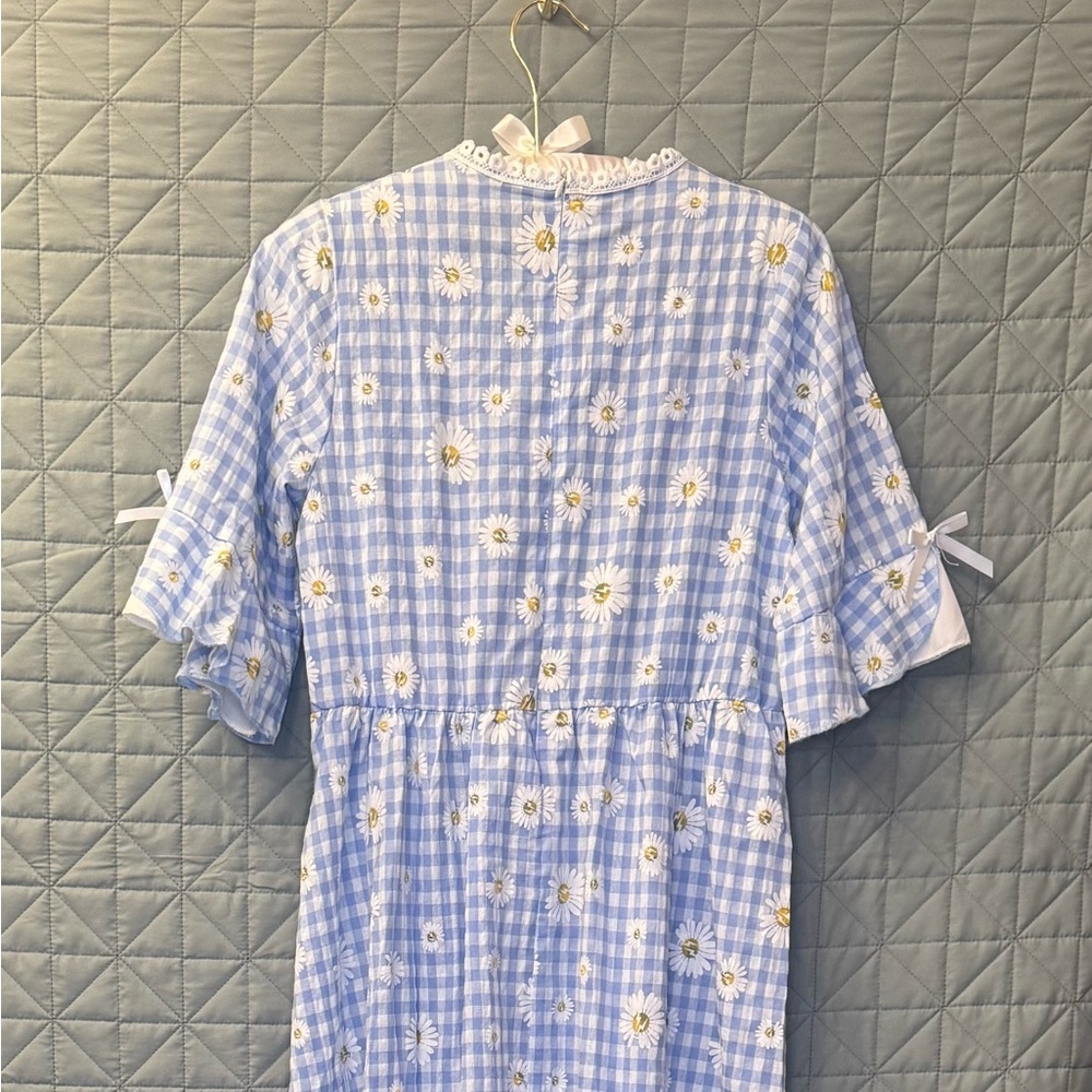Blue & White Vintage Gingham Midi Dress with Daisy Print - Picture 2 of 8